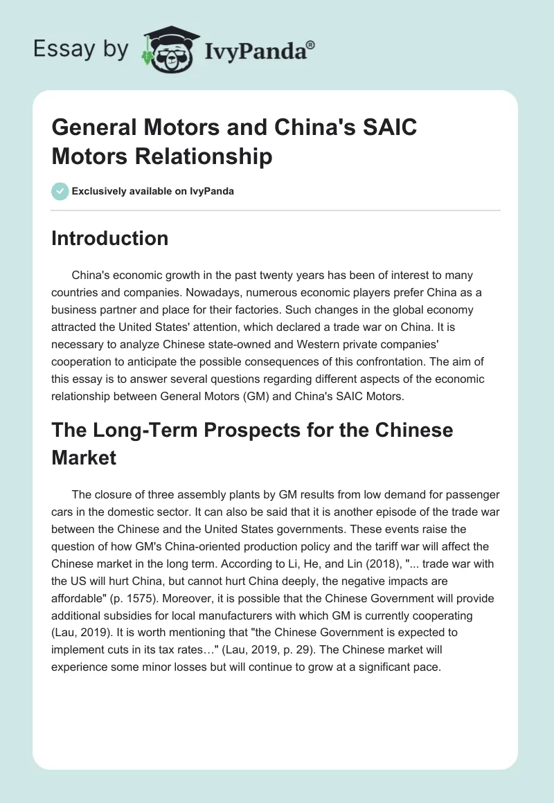 General Motors and China's SAIC Motors Relationship. Page 1