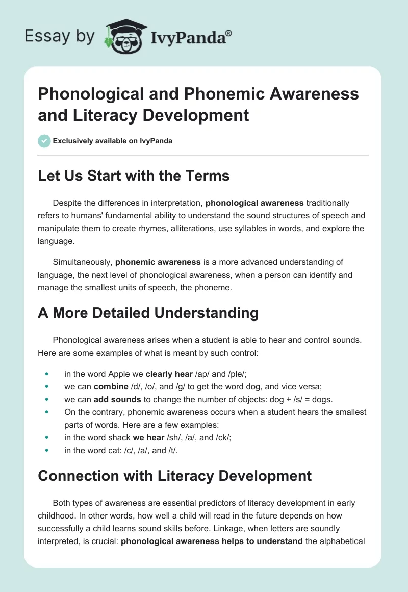 Phonological and Phonemic Awareness and Literacy Development. Page 1