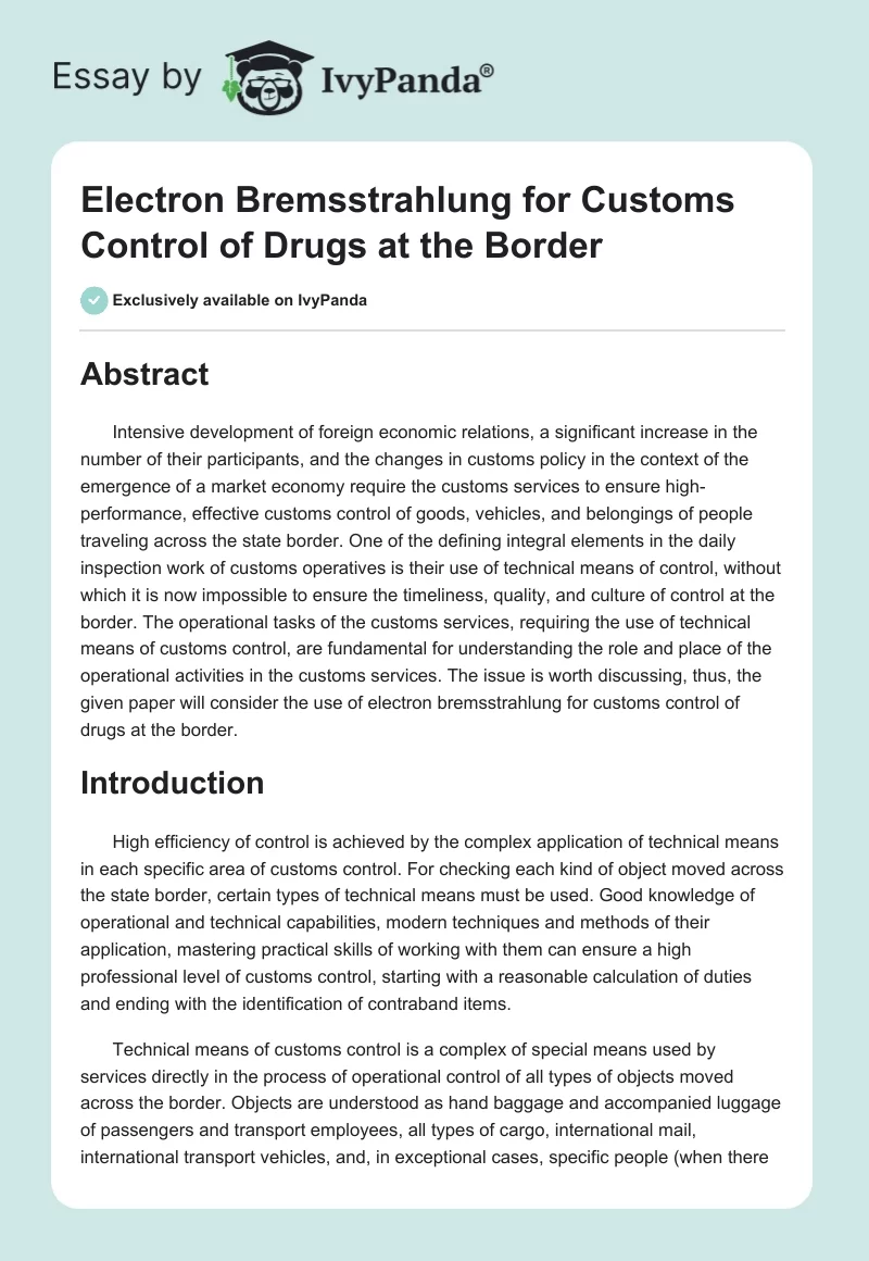 Electron Bremsstrahlung for Customs Control of Drugs at the Border. Page 1
