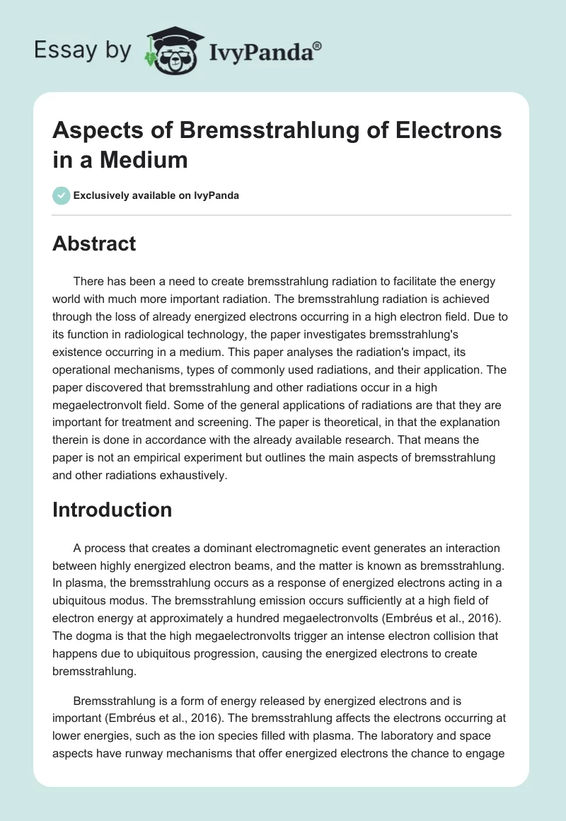 Aspects of Bremsstrahlung of Electrons in a Medium. Page 1