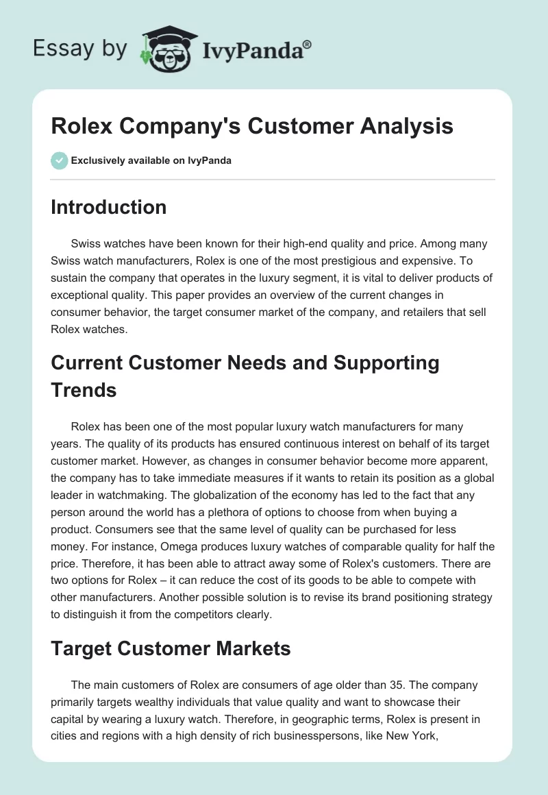 Rolex Company's Customer Analysis. Page 1