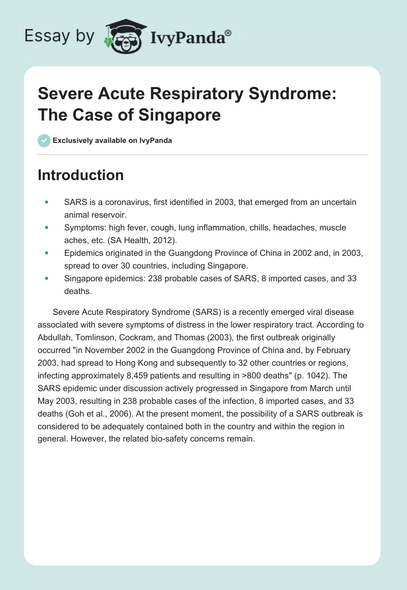 Severe Acute Respiratory Syndrome: The Case of Singapore. Page 1
