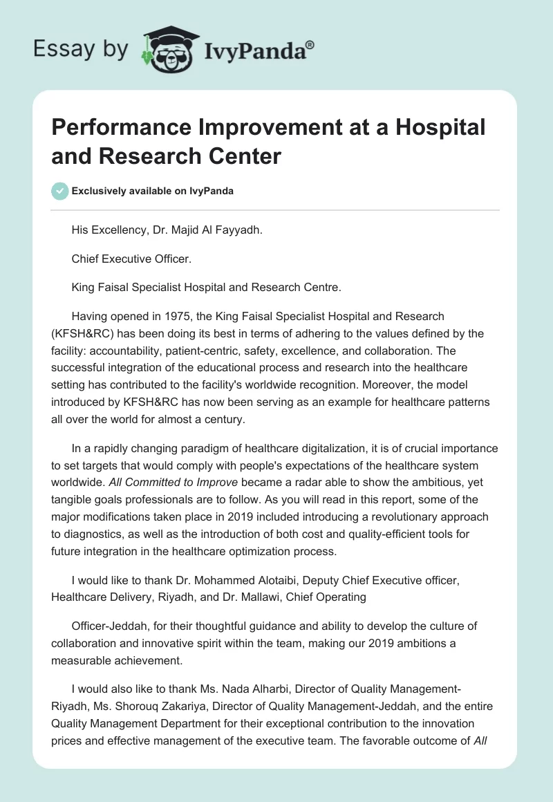 Performance Improvement at a Hospital and Research Center. Page 1