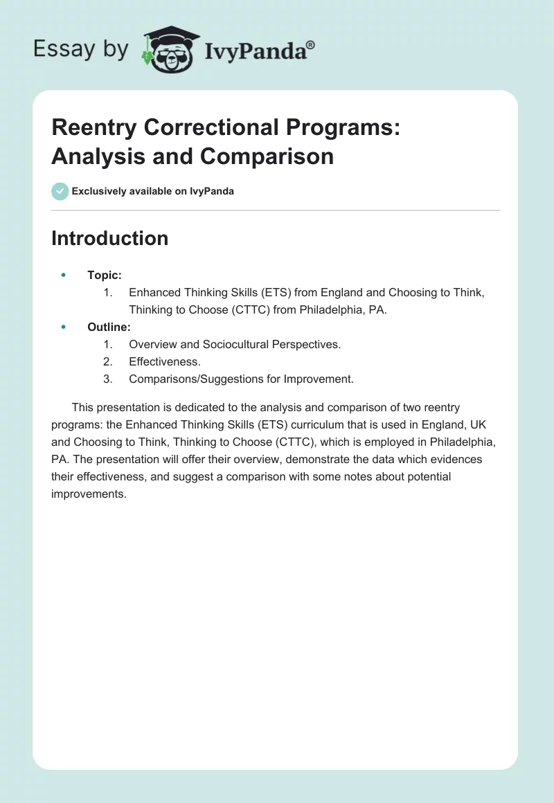 Reentry Correctional Programs: Analysis and Comparison. Page 1