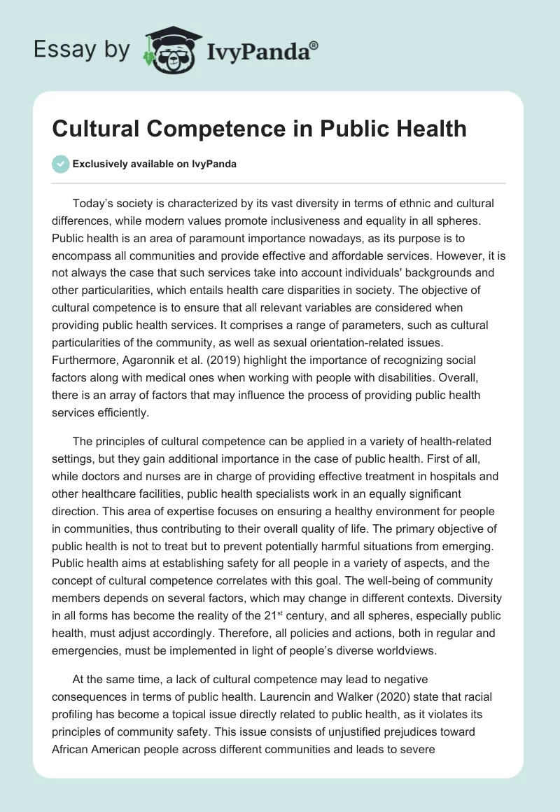 Cultural Competence in Public Health. Page 1