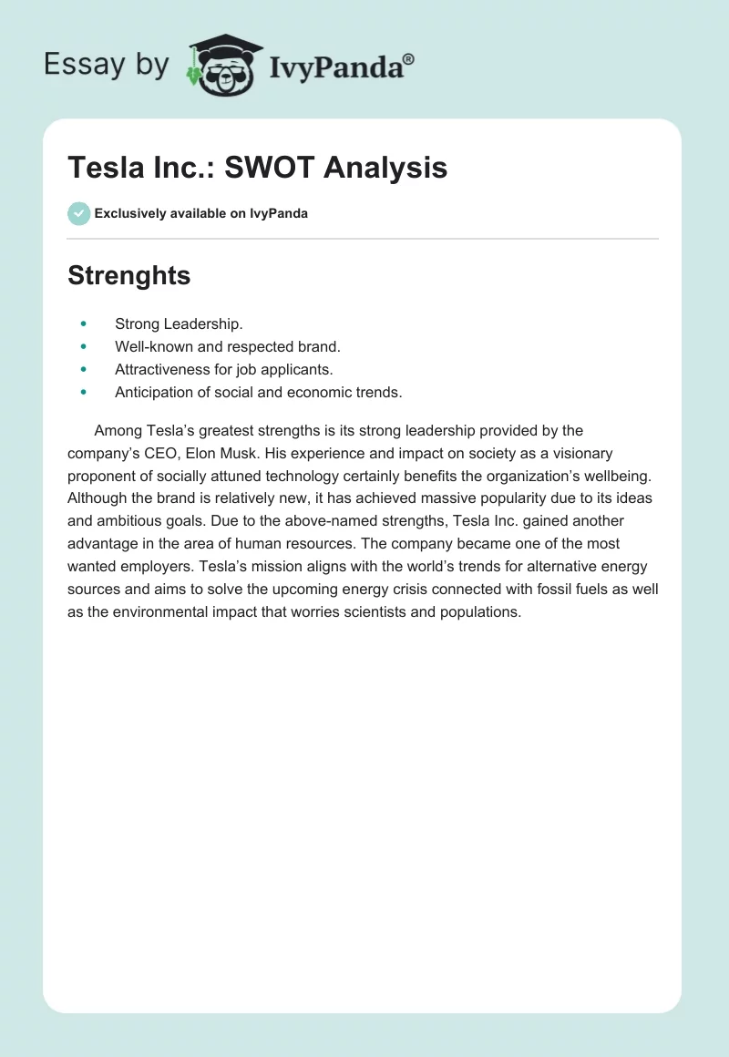 Tesla Inc.: SWOT Analysis. Page 1