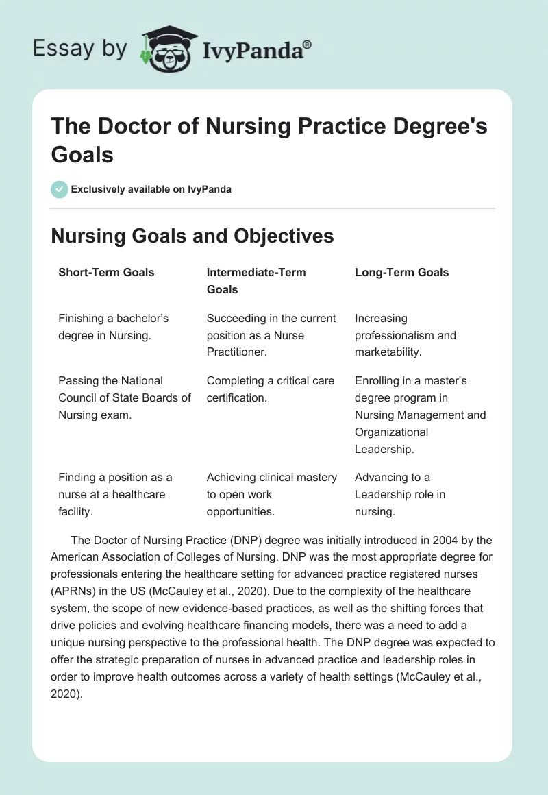 The Doctor of Nursing Practice Degree's Goals. Page 1