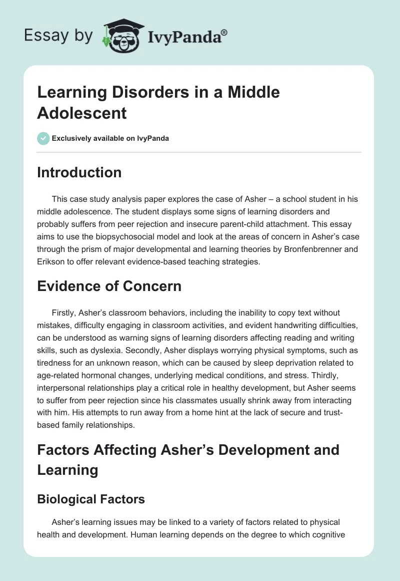 Learning Disorders in a Middle Adolescent. Page 1