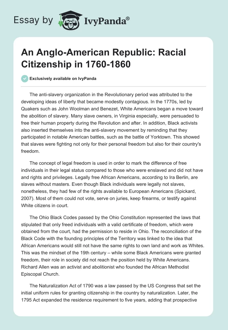 An Anglo-American Republic: Racial Citizenship in 1760-1860. Page 1