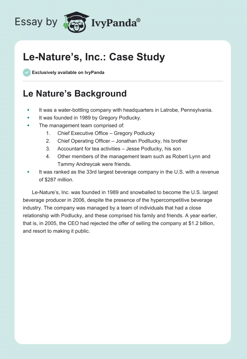 Le-Nature’s, Inc.: Case Study. Page 1
