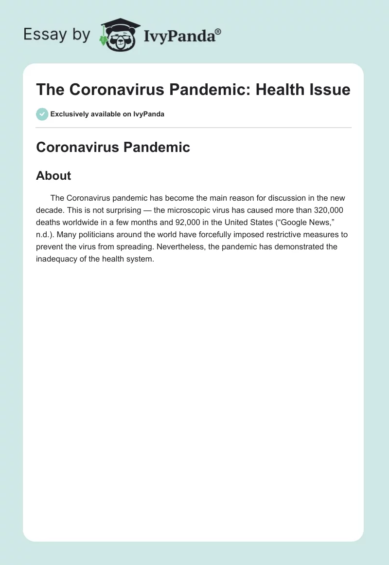 The Coronavirus Pandemic: Health Issue. Page 1
