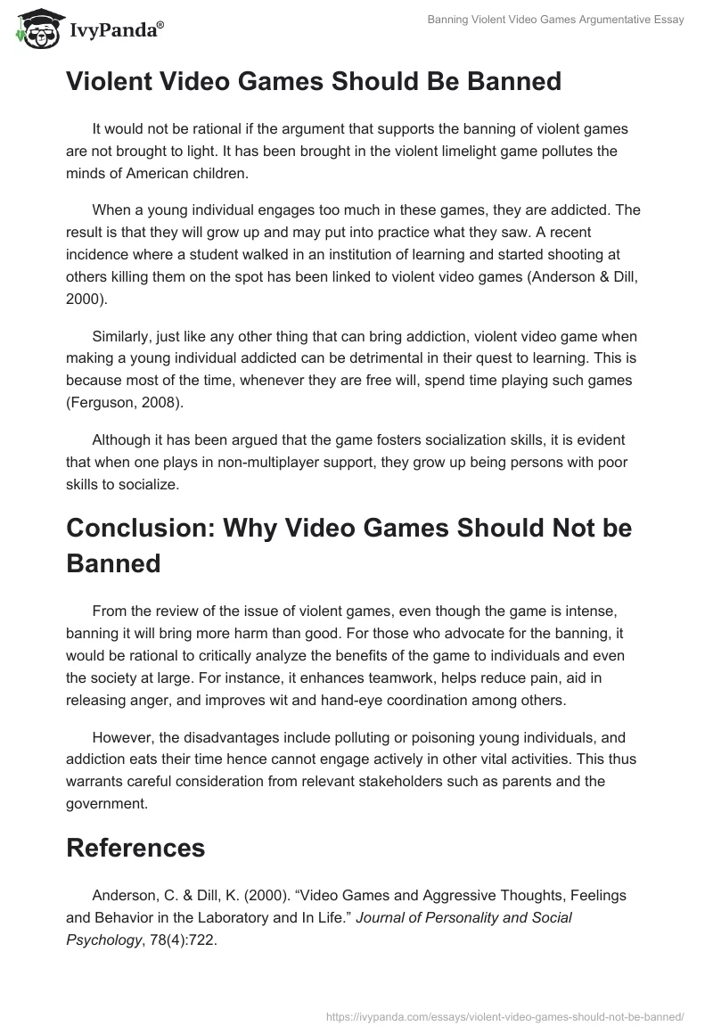 argumentative essay on banning violent video games