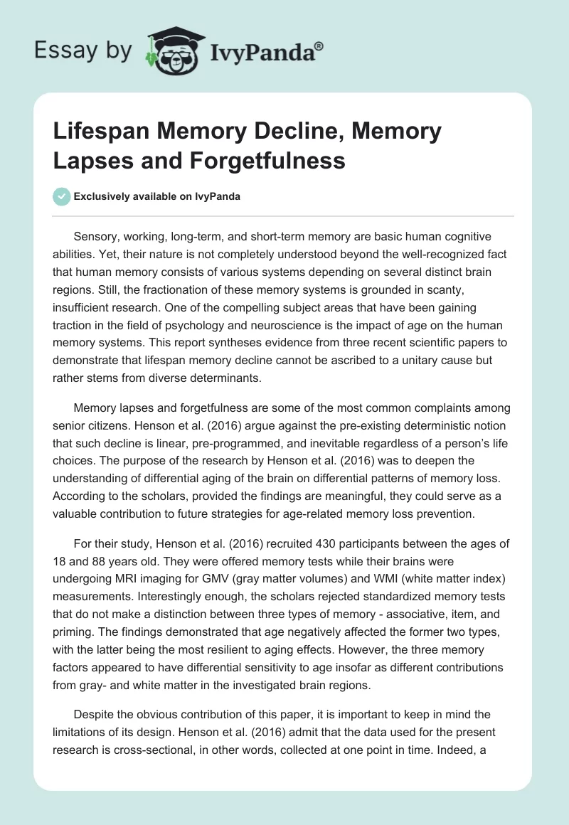 Lifespan Memory Decline, Memory Lapses and Forgetfulness. Page 1