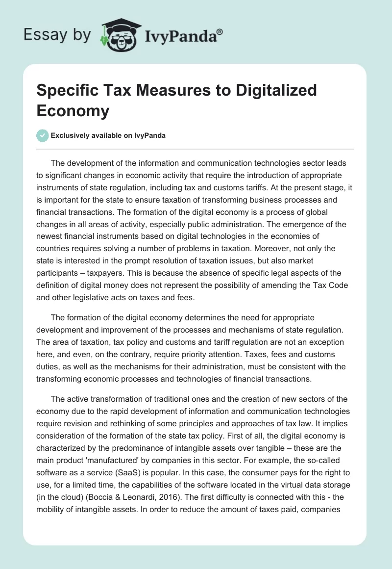 Specific Tax Measures to Digitalized Economy. Page 1