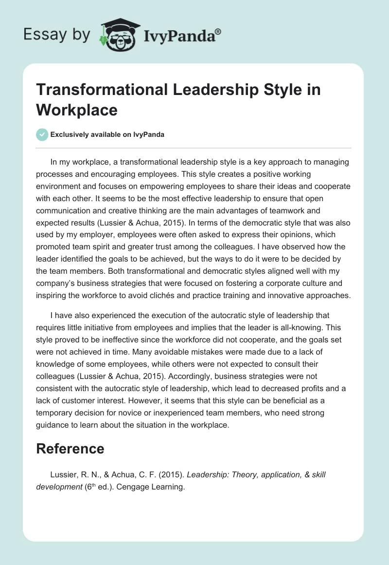 Transformational Leadership Style in Workplace. Page 1