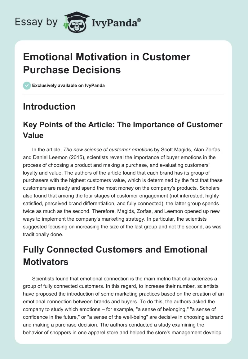 Emotional Motivation in Customer Purchase Decisions. Page 1