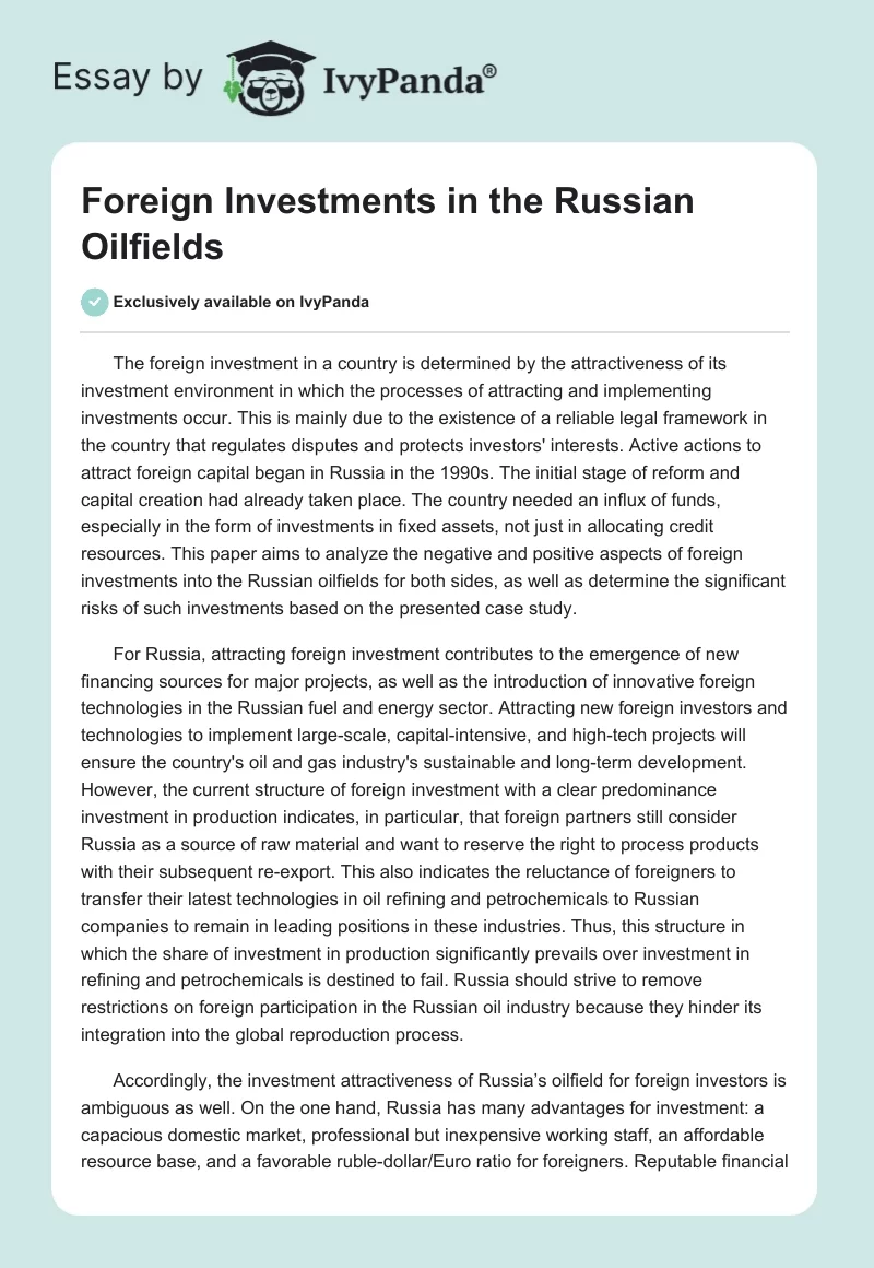 Foreign Investments in the Russian Oilfields. Page 1