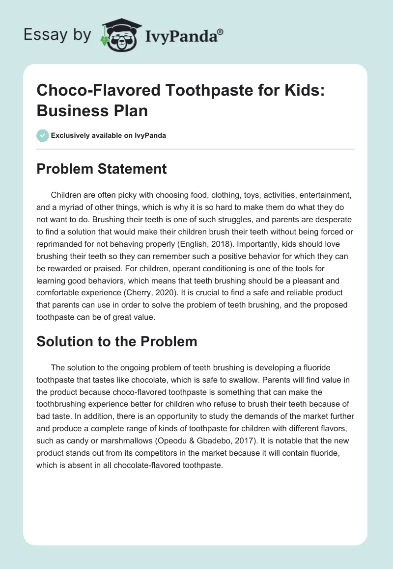 Choco-Flavored Toothpaste for Kids: Business Plan. Page 1