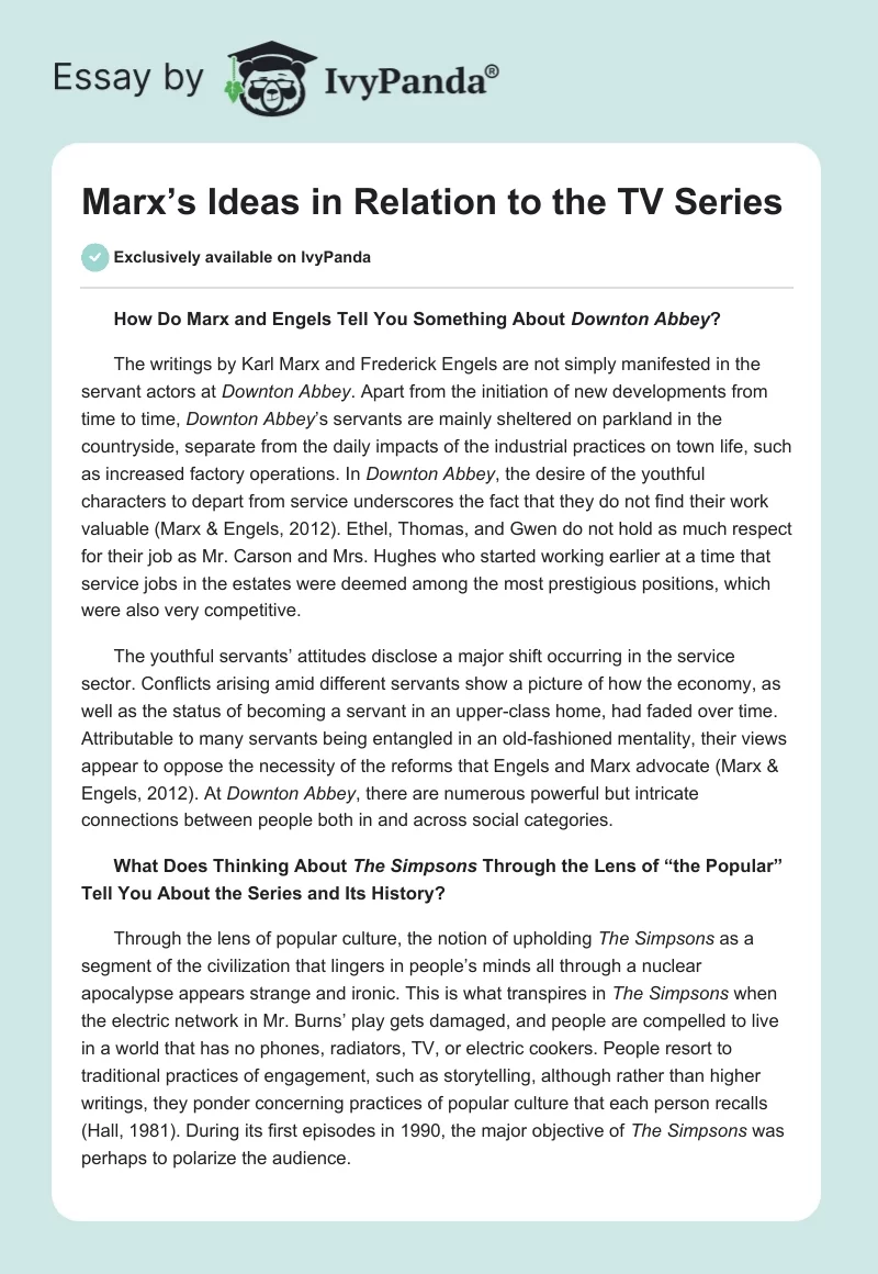 Marx’s Ideas in Relation to the TV Series. Page 1