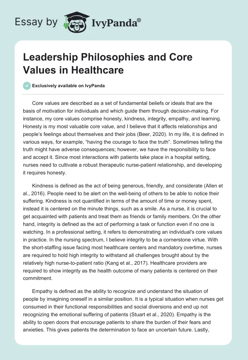 Leadership Philosophies and Core Values in Healthcare. Page 1