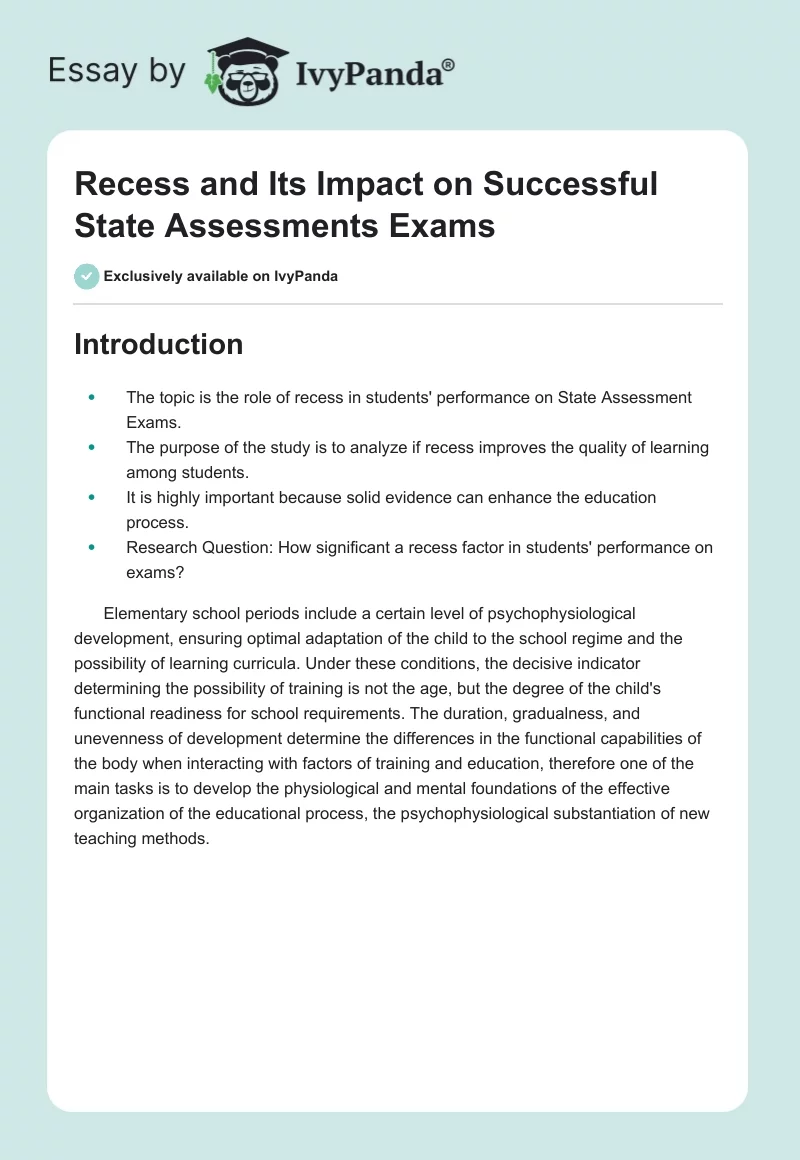Recess and Its Impact on Successful State Assessments Exams. Page 1