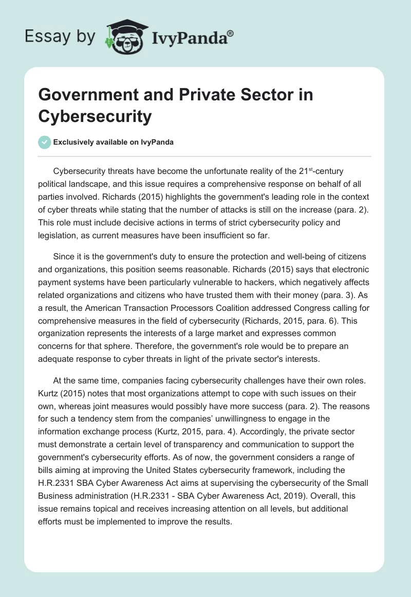 Government and Private Sector in Cybersecurity. Page 1