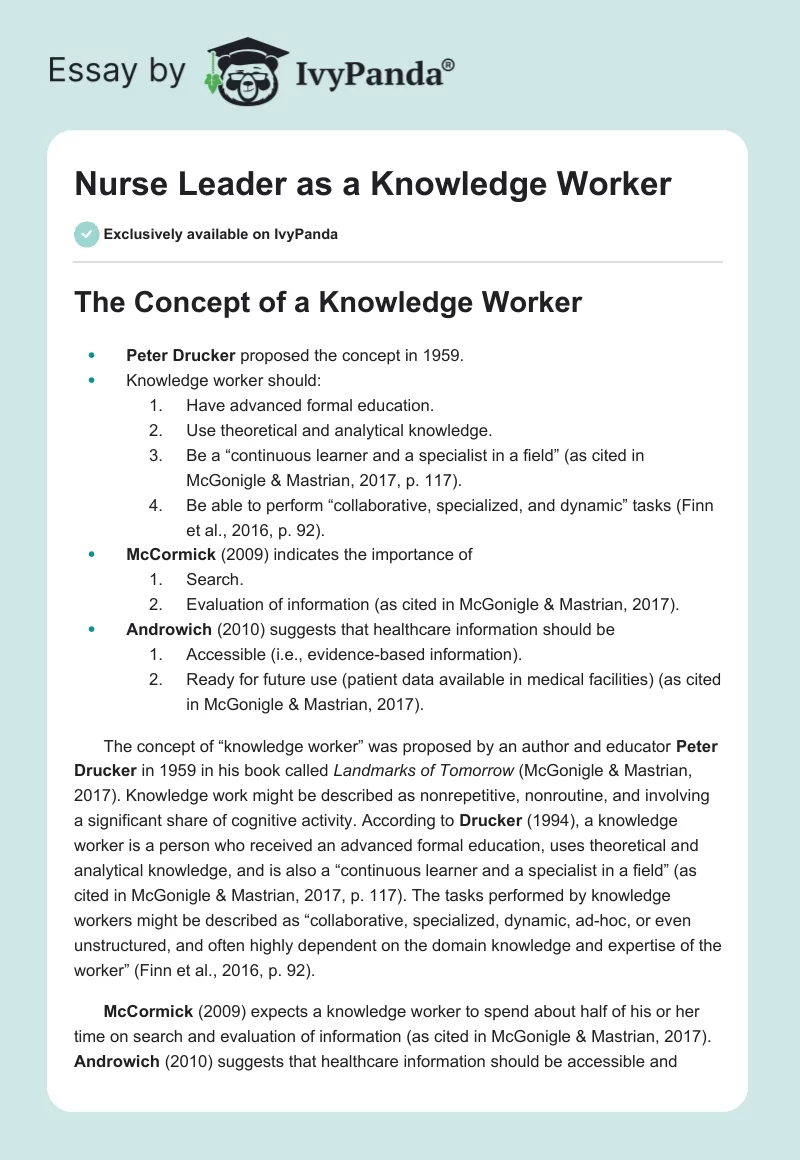 Nurse Leader as a Knowledge Worker. Page 1
