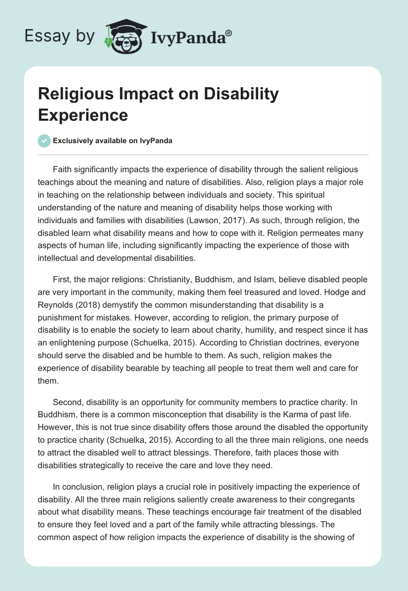 Religious Impact on Disability Experience. Page 1
