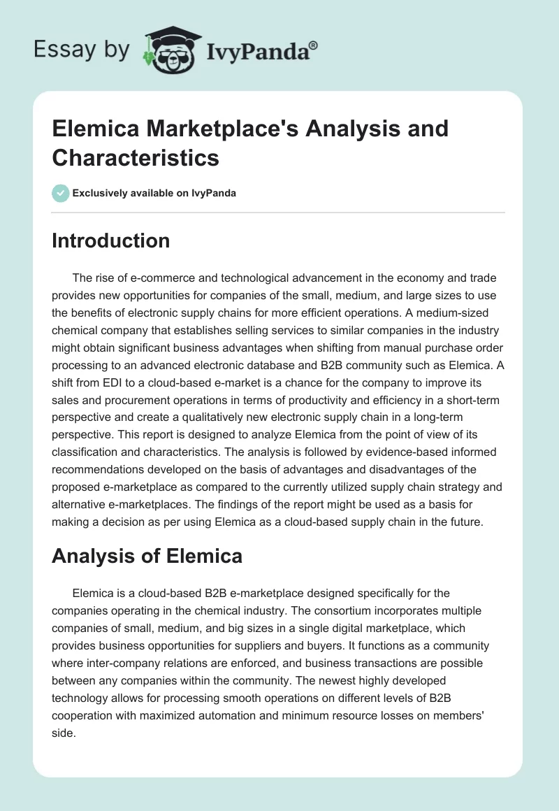 Elemica Marketplace's Analysis and Characteristics. Page 1