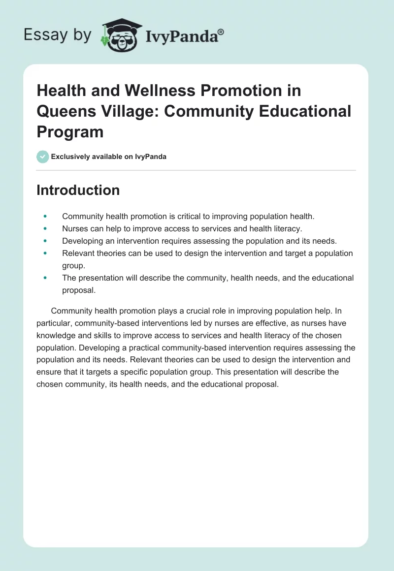 Health and Wellness Promotion in Queens Village: Community Educational Program. Page 1