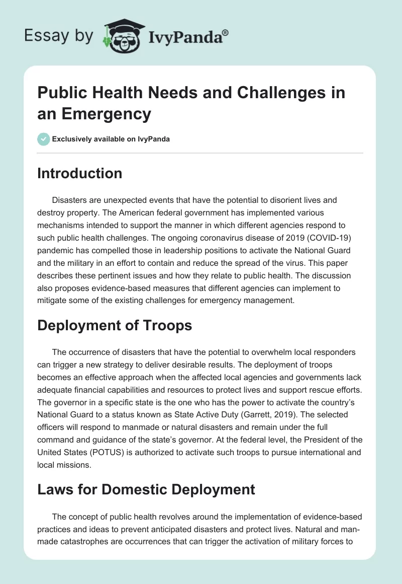 Public Health Needs and Challenges in an Emergency. Page 1