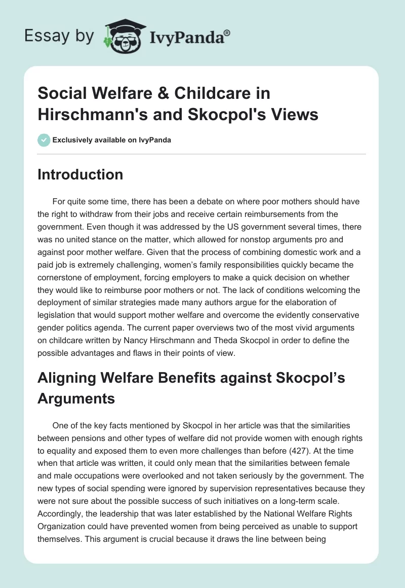 Social Welfare & Childcare in Hirschmann's and Skocpol's Views. Page 1