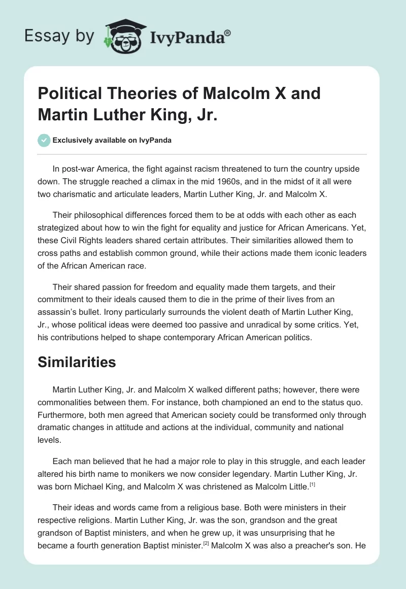Political Theories of Malcolm X and Martin Luther King, Jr.. Page 1
