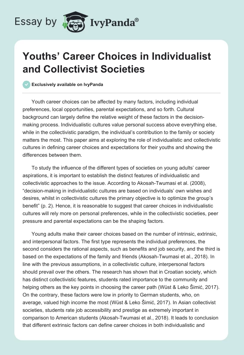 Youths’ Career Choices in Individualist and Collectivist Societies. Page 1