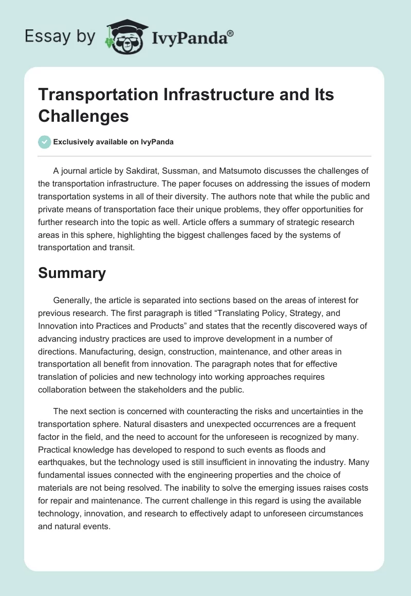 Transportation Infrastructure and Its Challenges. Page 1