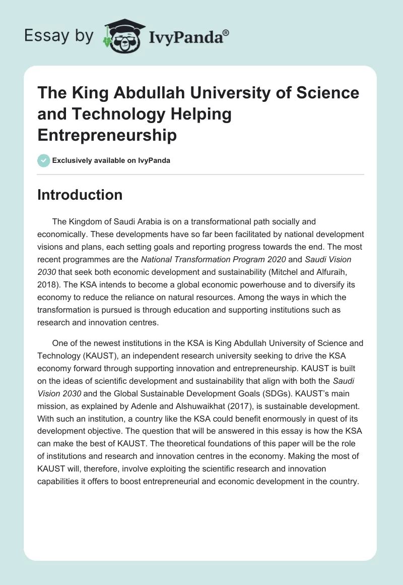 The King Abdullah University of Science and Technology Helping Entrepreneurship. Page 1