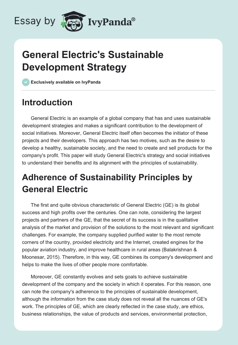 General Electric's Sustainable Development Strategy. Page 1