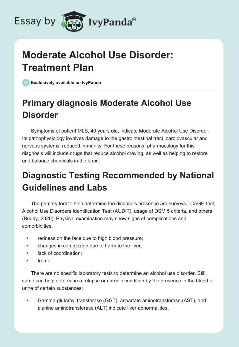 Moderate Alcohol Use Disorder: Treatment Plan. Page 1