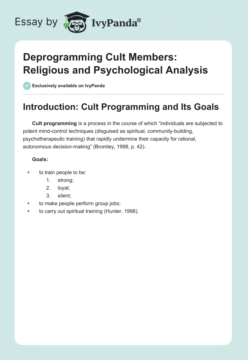 Deprogramming Cult Members: Religious and Psychological Analysis. Page 1