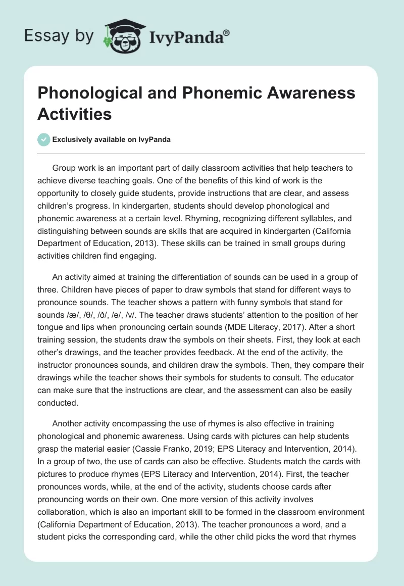 Phonological and Phonemic Awareness Activities. Page 1