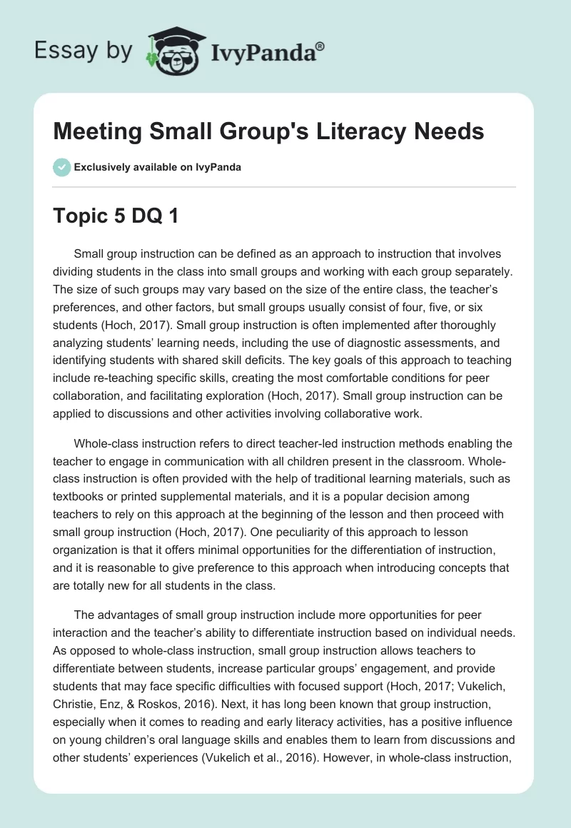 Meeting Small Group's Literacy Needs. Page 1