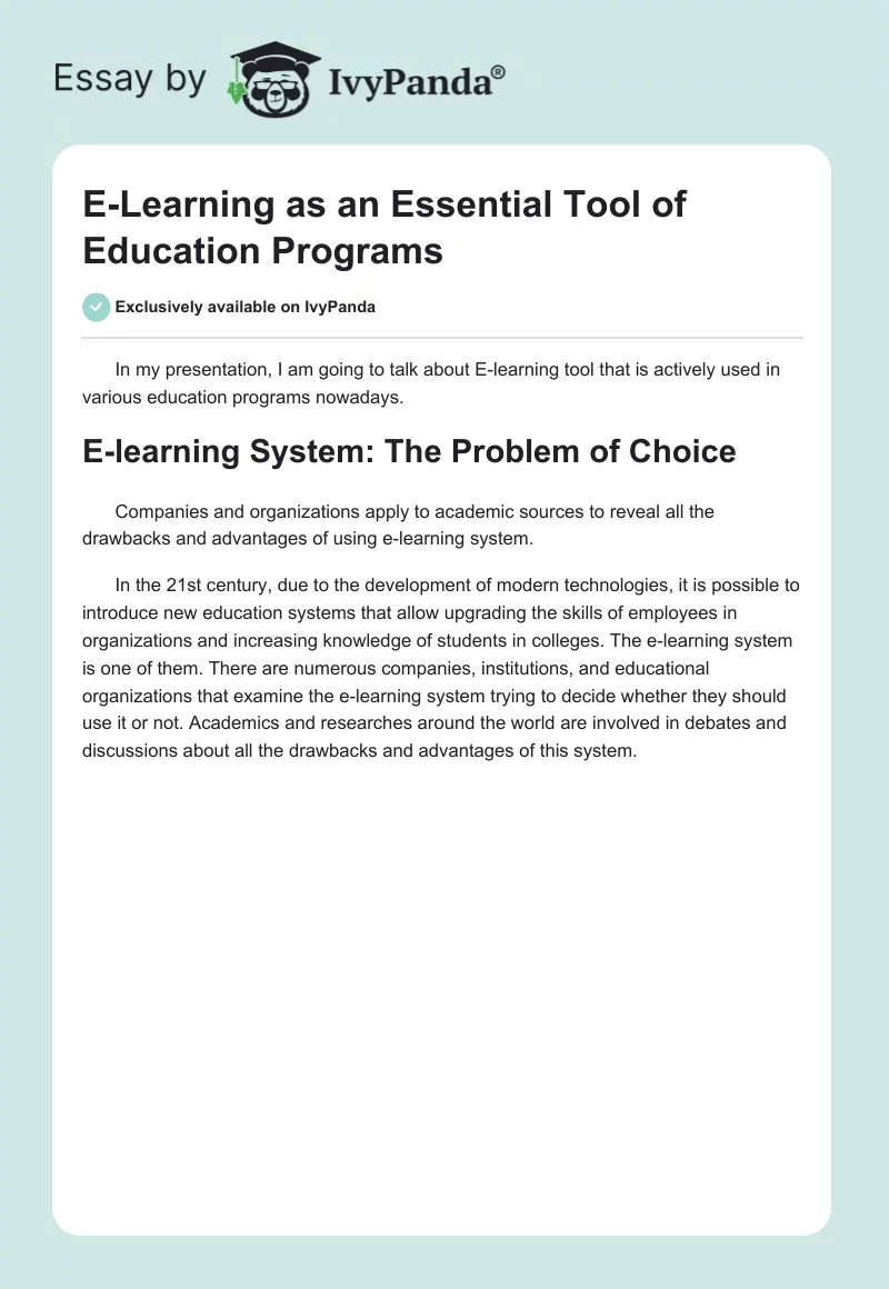 E-Learning as an Essential Tool of Education Programs. Page 1