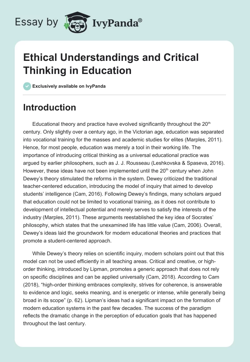 Ethical Understandings and Critical Thinking in Education. Page 1