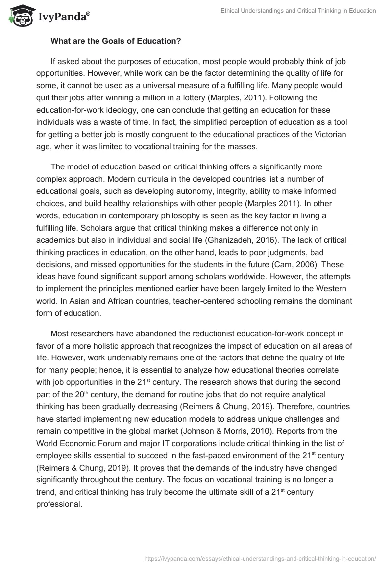 Ethical Understandings and Critical Thinking in Education. Page 2