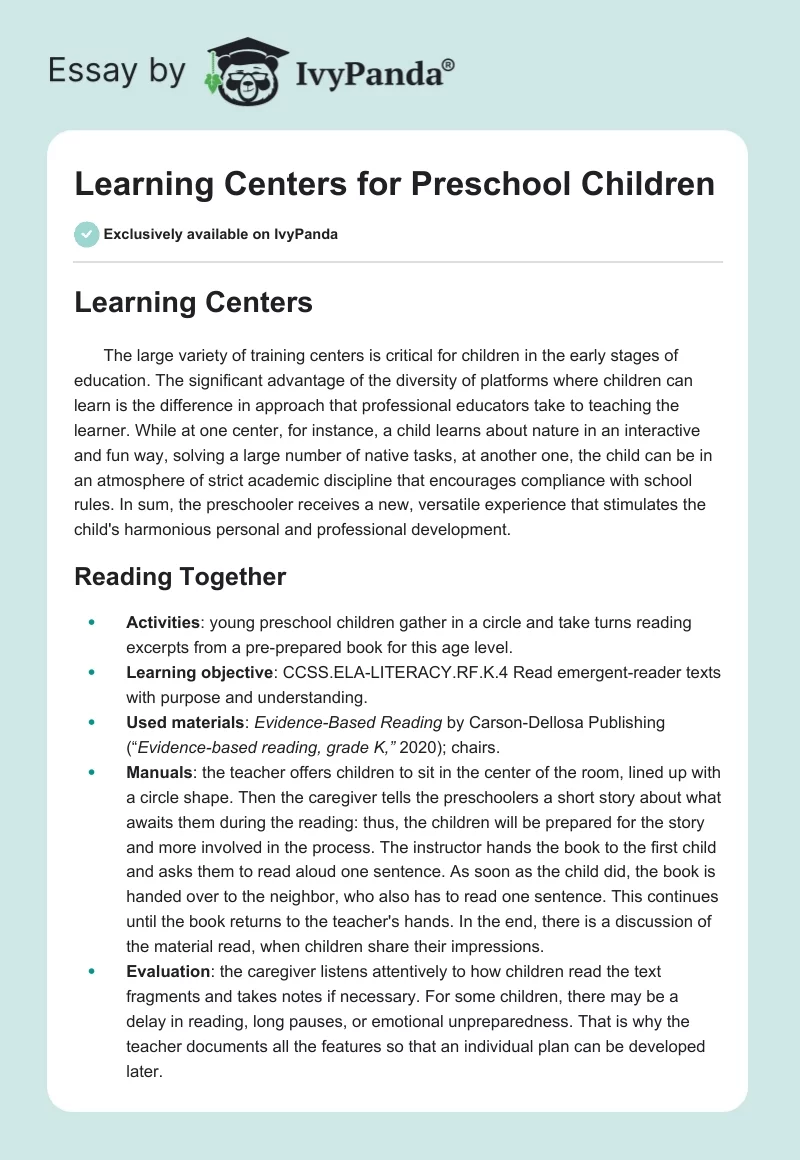 Learning Centers for Preschool Children. Page 1