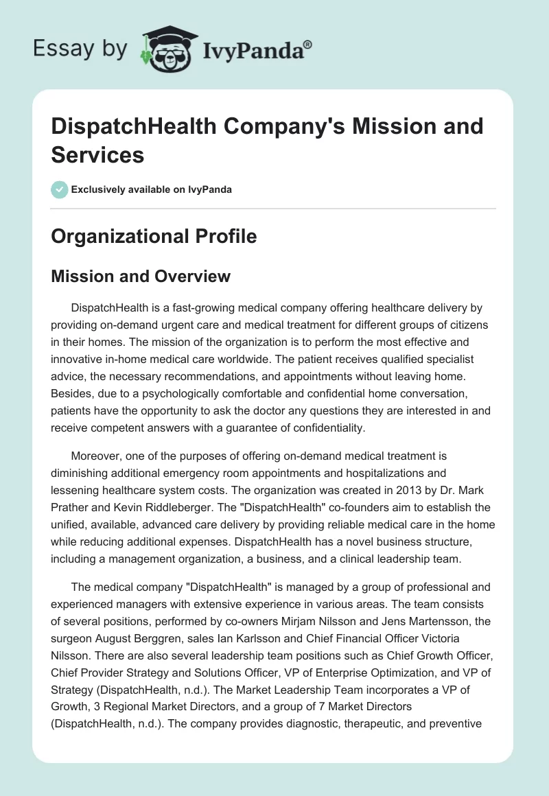 DispatchHealth Company's Mission and Services. Page 1