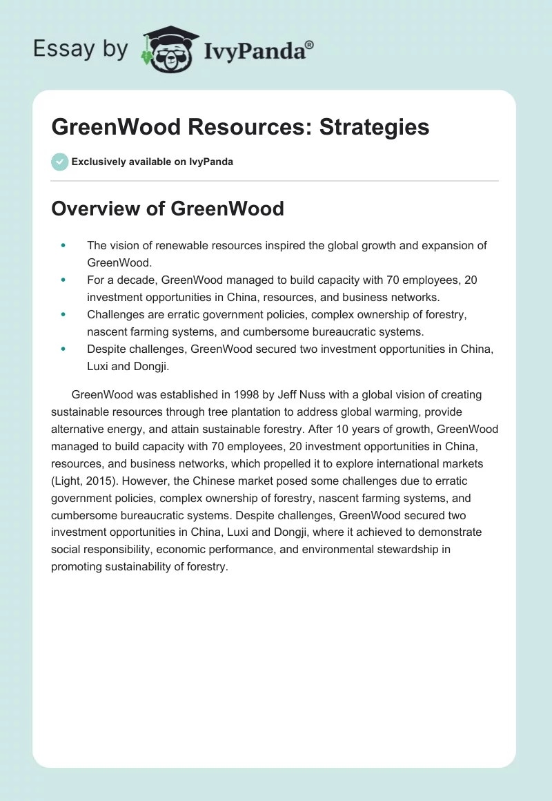 GreenWood Resources: Strategies. Page 1