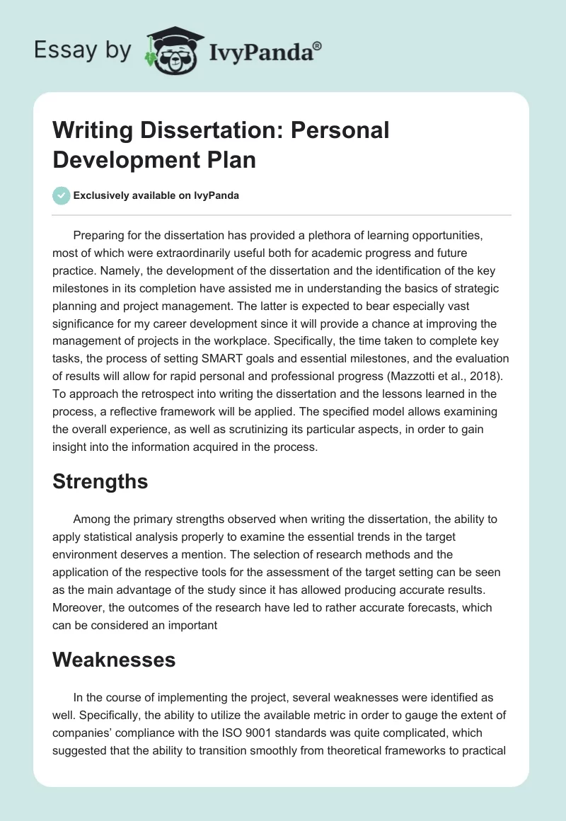 Writing Dissertation: Personal Development Plan. Page 1
