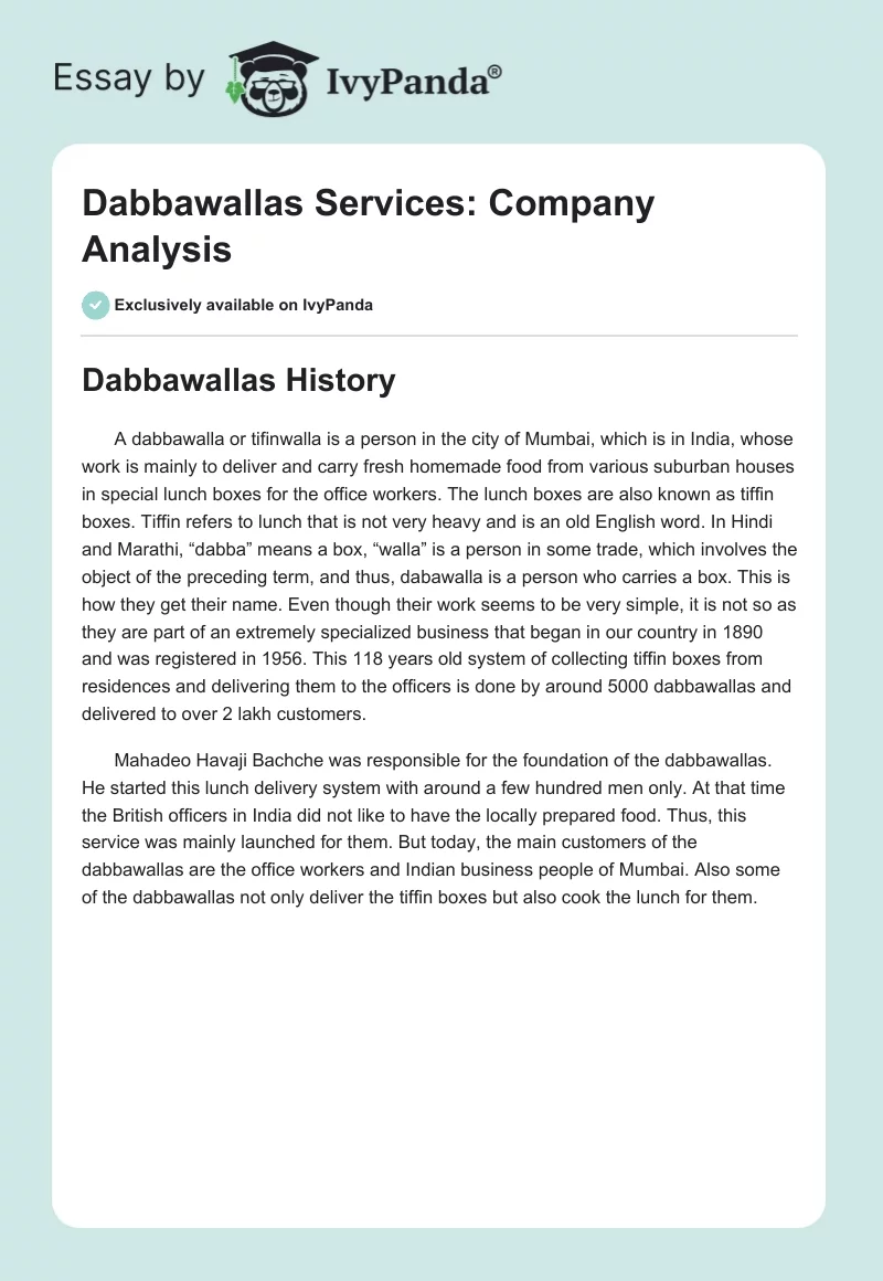 Dabbawallas Services: Company Analysis. Page 1