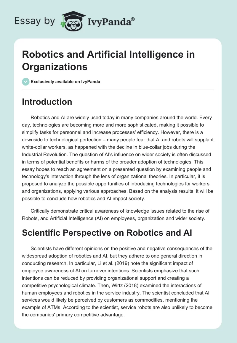 Robotics and Artificial Intelligence in Organizations. Page 1